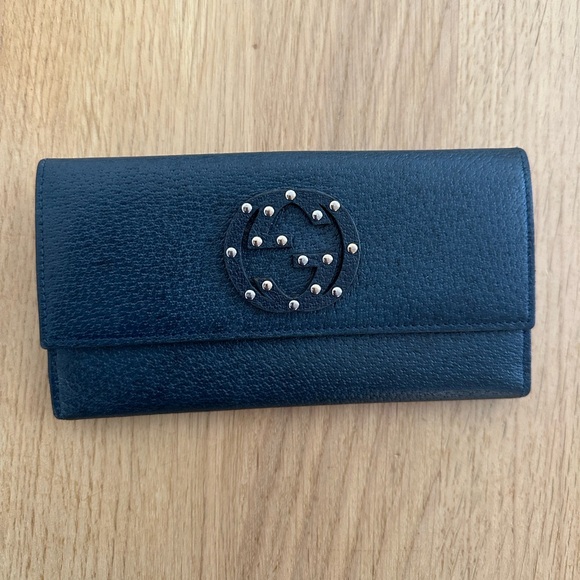 Gucci Handbags - Gucci Blue Gg Studded Interlocking Leather Wallet